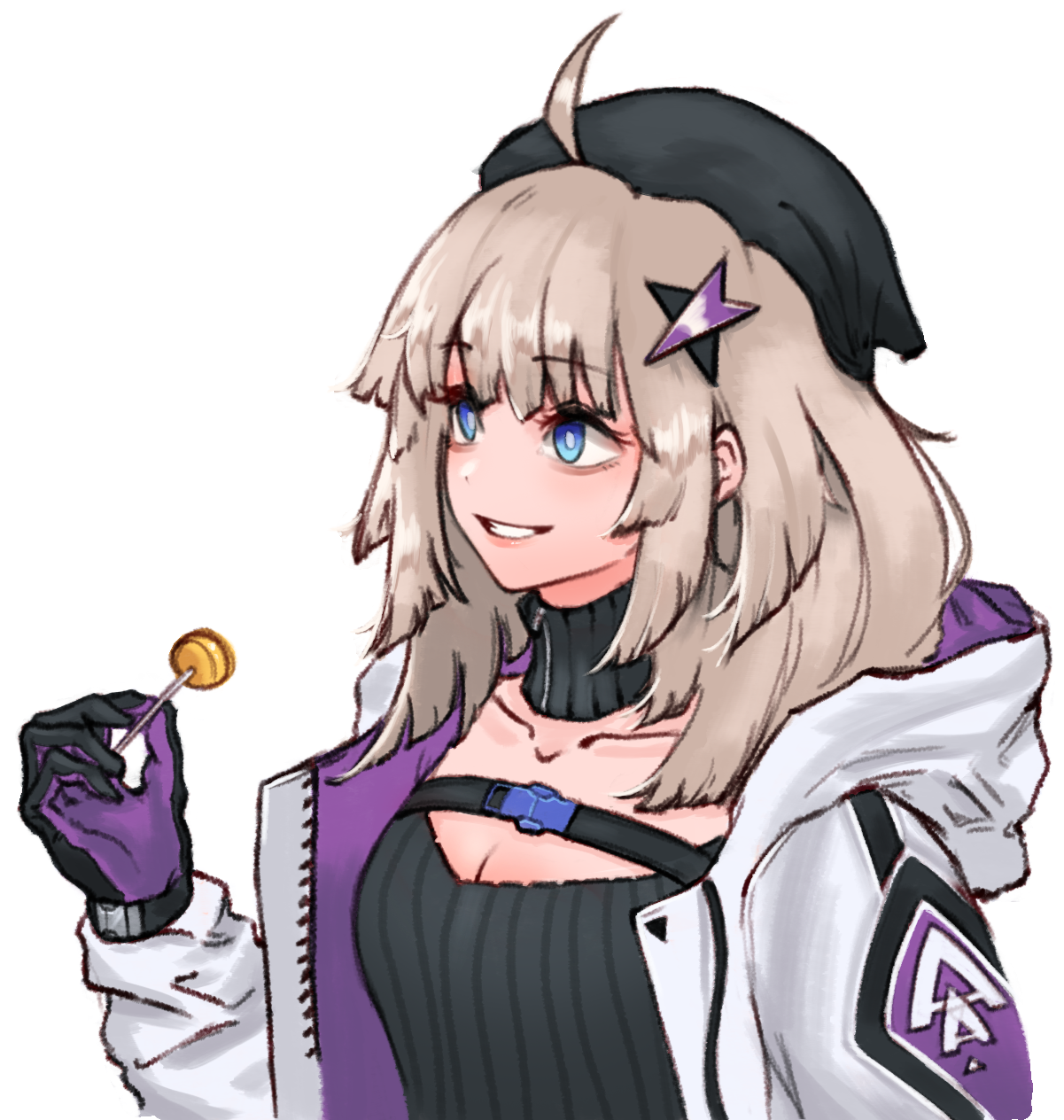 eonsang, aa-12 (girls' frontline), hoshiguma yuugi, girls' frontline, highres, 1girl, ahoge, black hair, black headscarf, blue eyes, breasts, candy, cleavage, cleavage cutout, clothing cutout, collarbone, flower, food, grey hair, hair flower, hair ornament, headscarf, holding, holding candy, holding food, holding lollipop, hood, hooded jacket, jacket, lollipop, long sleeves, medium breasts, medium hair, open clothes, open jacket, parted lips, simple background, smile, solo, star (symbol), star hair ornament, white background, white jacket