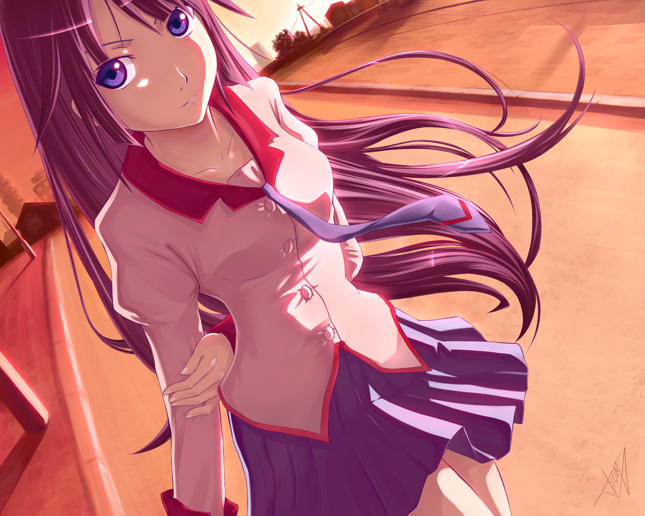 atomix, senjougahara hitagi, bakemonogatari, monogatari (series), 00s, 1girl, arm behind back, dutch angle, female focus, holding own arm, long hair, looking at viewer, necktie, purple eyes, purple hair, purple necktie, school uniform, signature, skirt, solo, very long hair
