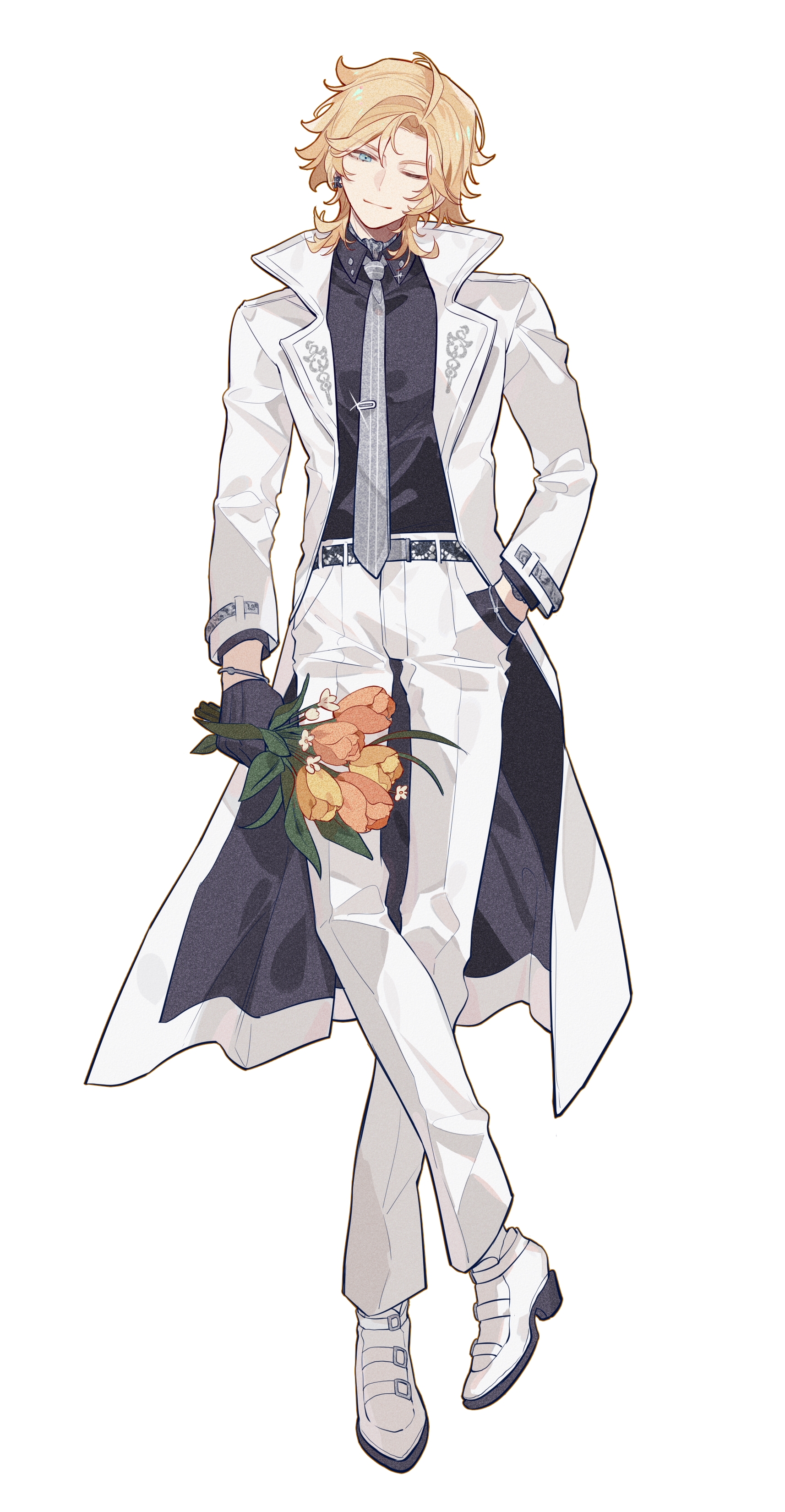 z6, lars rorschach, lovebrush chronicles, absurdres, chinese commentary, highres, 1boy, ;), ahoge, arm at side, belt, black belt, black coat, black gloves, black shirt, blonde hair, bouquet, coat, collared shirt, crossed ankles, curtained hair, earrings, flower, full body, glint, gloves, grey necktie, hand in pocket, head tilt, holding, holding bouquet, jewelry, lapels, lars rorschach (white day), letter earrings, long sleeves, looking at viewer, monk shoes, necktie, notched lapels, one eye closed, open clothes, open coat, orange flower, orange tulip, pants, parted bangs, shirt, shirt tucked in, shoes, simple background, smile, solo, standing, straight-on, striped clothes, striped necktie, stud earrings, tie clip, tulip, two-sided coat, two-sided fabric, white background, white coat, white flower, white pants, white shoes, wolf cut, yellow flower, yellow tulip