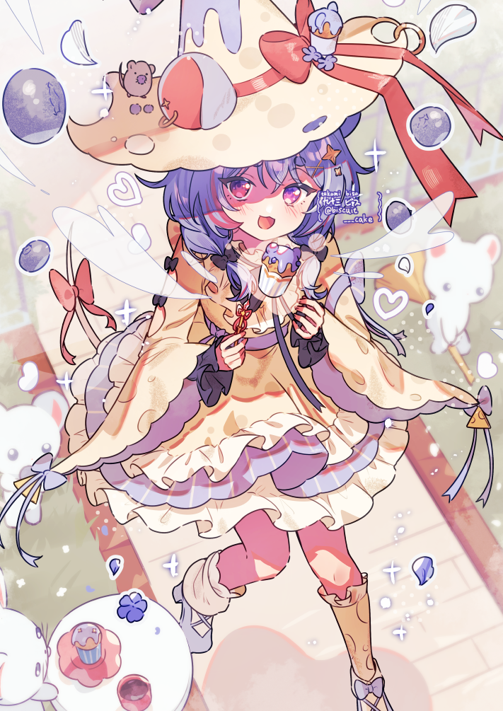 tsukumi bis, original, commentary, symbol-only commentary, 1girl, :3, :d, animal ears, apron, artist name, black bow, blue dress, blush, bow, cupcake, dress, food, frilled dress, frilled sleeves, frills, full body, hair between eyes, hair bow, hat, hat bow, kneehighs, long hair, long sleeves, looking at viewer, mouse (animal), mouse ears, mouse girl, mouse tail, multicolored hair, open mouth, pink eyes, purple hair, purple shoes, red bow, red hair, shoes, sleeve bow, smile, socks, solo, standing, standing on one leg, streaked hair, tail, tail bow, tail ornament, twitter username, two-tone hair, white apron, white hat, wide sleeves, yellow socks