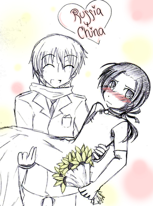 china (hetalia), russia (hetalia), axis powers hetalia, 00s, 2boys, male focus, monochrome, multiple boys, ponytail, yaoi