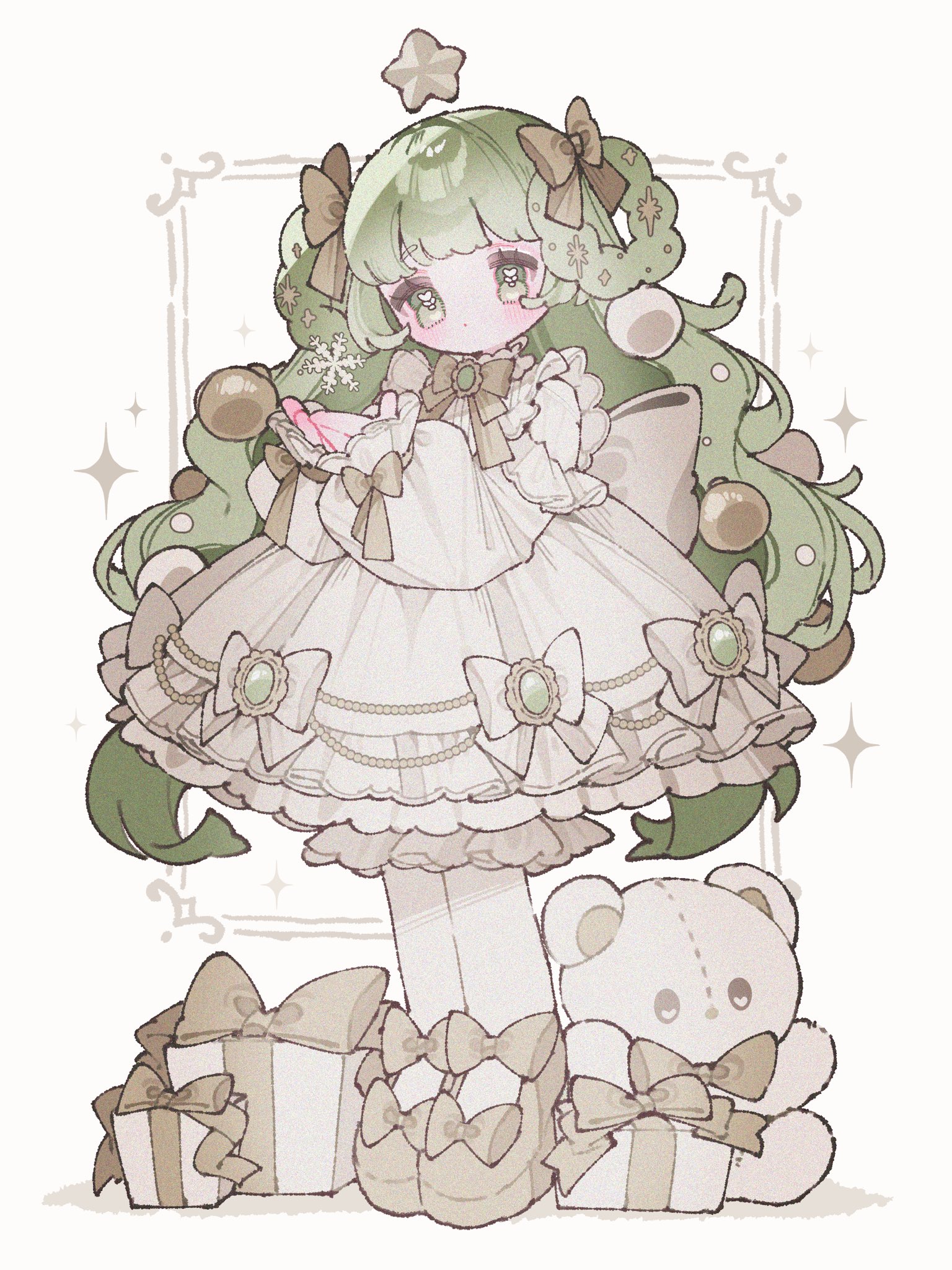 upache, original, commentary, highres, 1girl, blush, bow, bowtie, box, brown bow, brown bowtie, closed mouth, dress, dress bow, footwear bow, frilled dress, frills, full body, gift, gift box, green eyes, green hair, grey bow, grey shoes, hair bow, hair rings, hands up, long hair, long sleeves, pantyhose, shoes, sleeve bow, solo, standing, stuffed animal, stuffed toy, teddy bear, very long hair, white background, white bow, white dress, white pantyhose