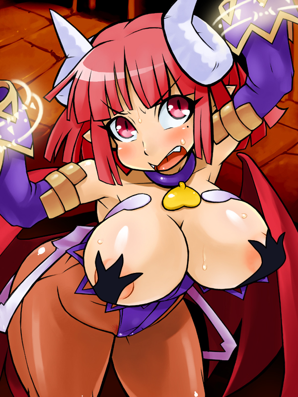 double typhoon, maou prier, prier, la pucelle, nippon ichi, 1girl, angry, areola slip, bat wings, blush, breasts, cleavage, demon girl, female focus, female pubic hair, gem, horns, huge breasts, legs, mole, nipples, open mouth, pantyhose, pointy ears, pubic hair, puffy nipples, red eyes, red hair, solo, sweat, wings