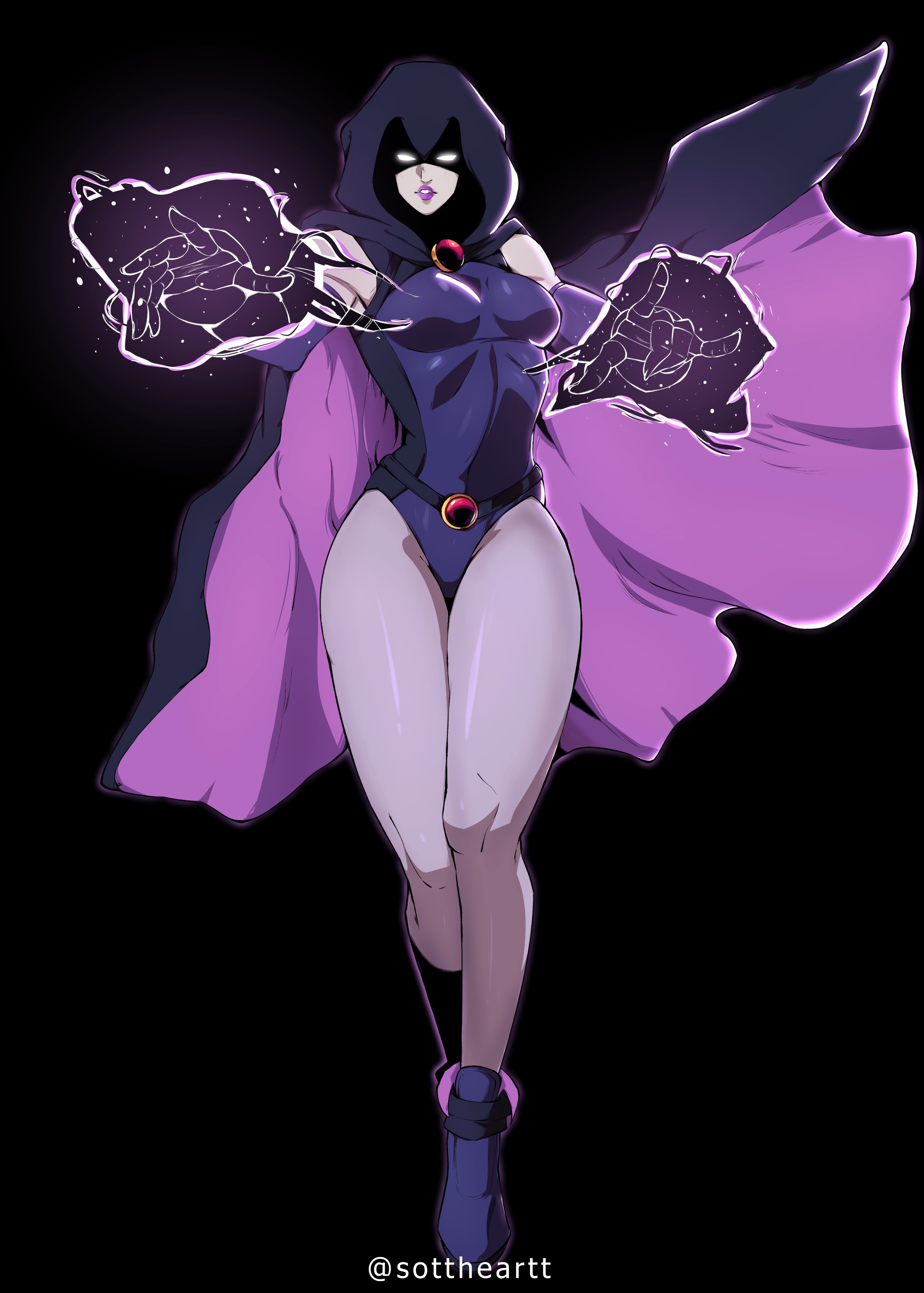 sottart, raven (dc), dc comics, teen titans, absurdres, highres, 1girl, black leotard, breasts, cape, colored skin, forehead jewel, grey skin, large breasts, leotard, looking at viewer, magic, medium breasts, purple eyes, purple hair, short hair, sleeved leotard, solo