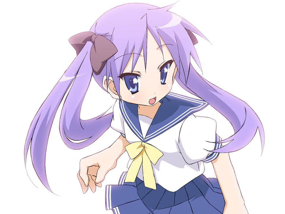 yamano sachi, hiiragi kagami, lucky star, 00s, blue eyes, hair ribbon, long hair, open mouth, purple hair, ribbon, school uniform, serafuku, solo, tsurime, twintails
