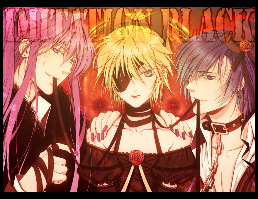 yuuno (yukioka), kagamine len, kaito (vocaloid), kamui gakupo, imitation black (vocaloid), vocaloid, bad id, bad pixiv id, 3boys, aqua eyes, blonde hair, blue eyes, blue hair, crossdressing, crossdressing (mtf), dress, eyepatch, flower, hair ribbon, hat, long hair, male focus, mini hat, mini top hat, multiple boys, ponytail, purple eyes, purple hair, ribbon, rose, top hat, trap