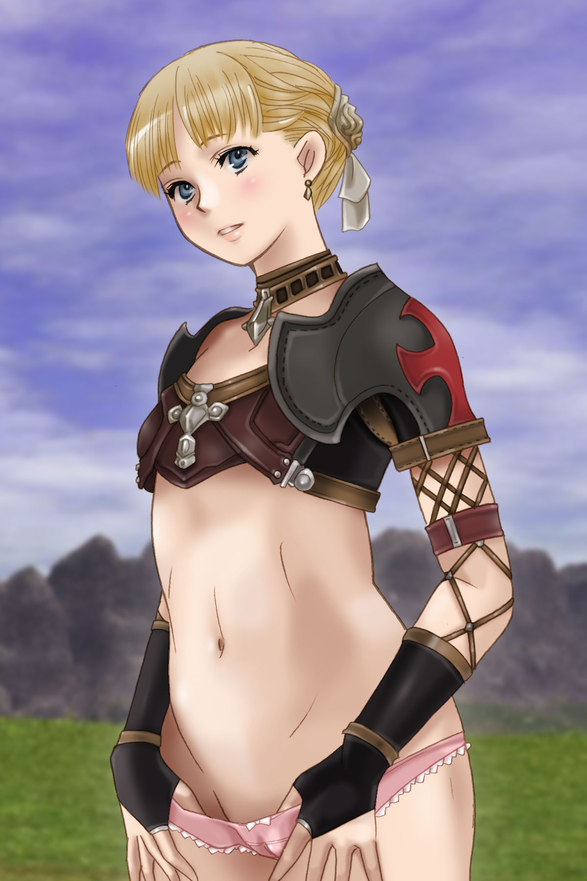 cloritin, efui, afumau (final fantasy), final fantasy, final fantasy xi, highres, 00s, 1girl, armor, blonde hair, blue eyes, cameltoe, earrings, female focus, fingerless gloves, flat chest, gloves, jewelry, midriff, navel, panties, short hair, smile, solo, underwear