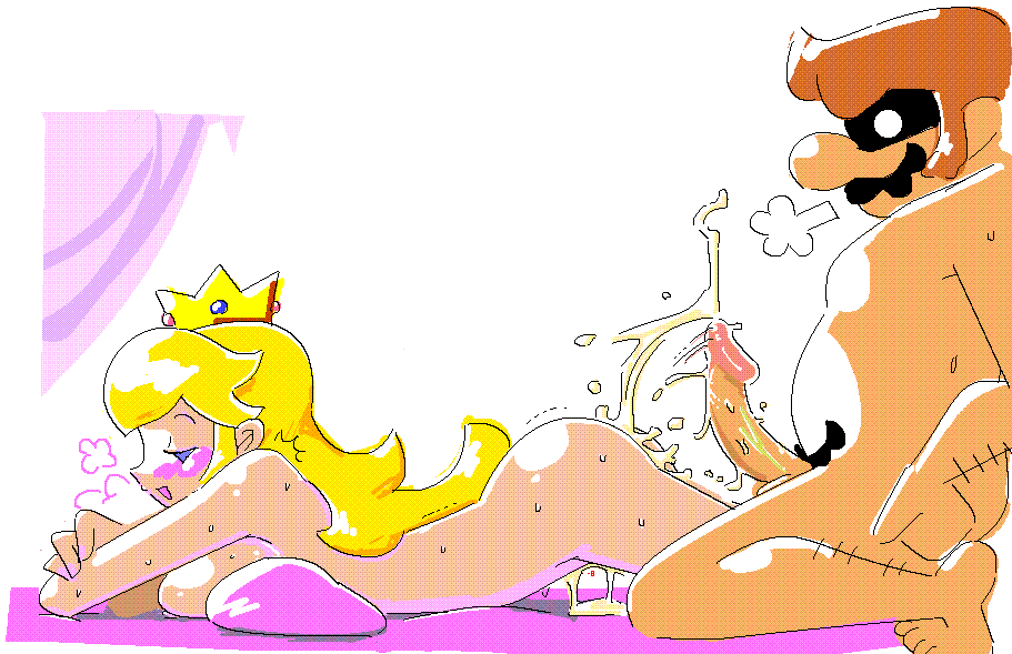minuspal, mario, princess peach, nintendo, super mario bros. 1, blonde hair, breasts, cum, cum explosion, cum string, happy sex, huge penis, nude, parody, penis, sex, smile, uncensored