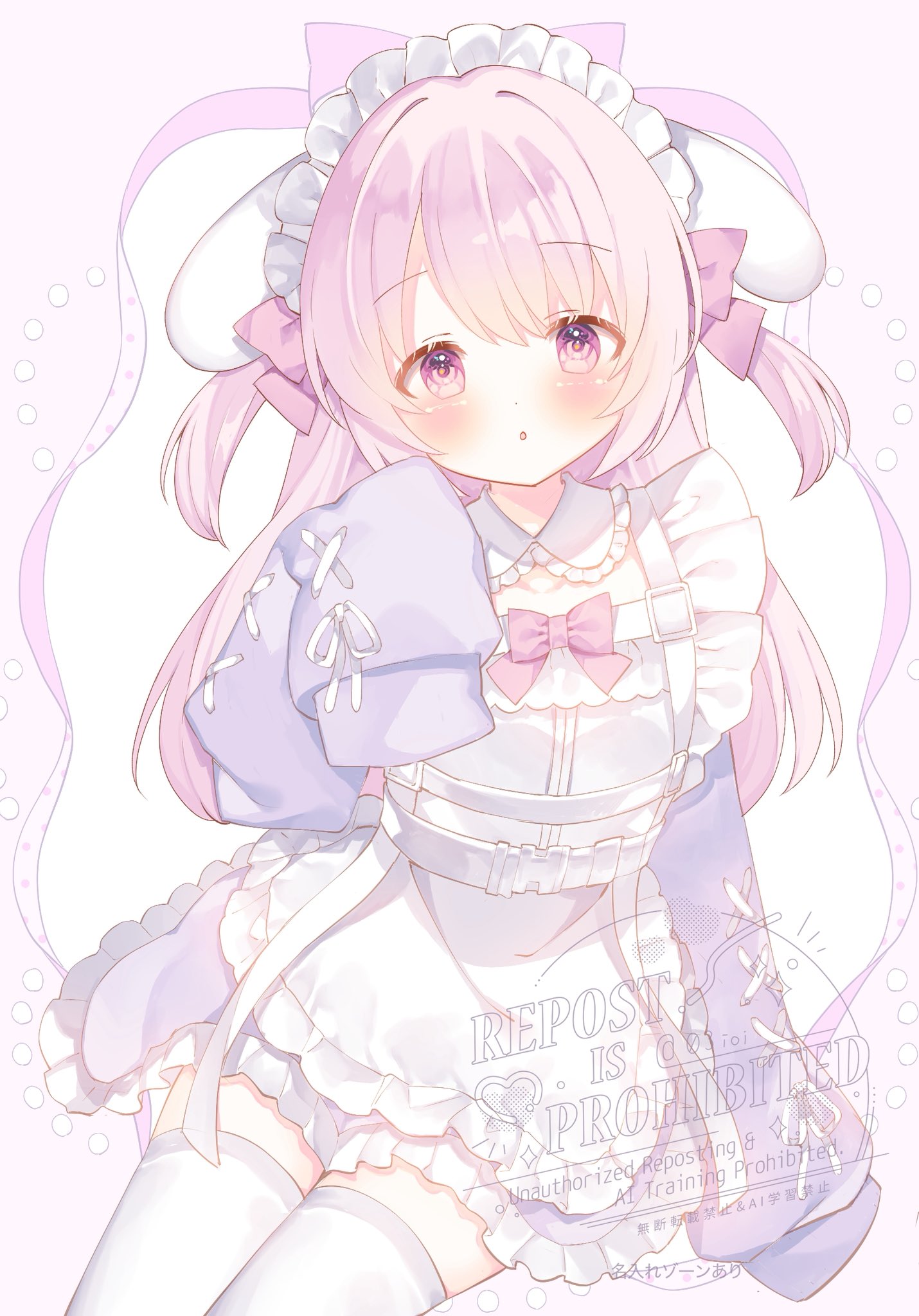 moeno uni, original, commentary request, highres, 1girl, :o, apron, blush, bow, bowtie, cowboy shot, dress, frilled dress, frills, hair bow, hand up, long hair, long sleeves, looking at viewer, maid headdress, open mouth, pink bow, pink bowtie, pink eyes, pink hair, purple dress, simple background, sleeves past fingers, sleeves past wrists, solo, two side up, watermark, white apron, white background
