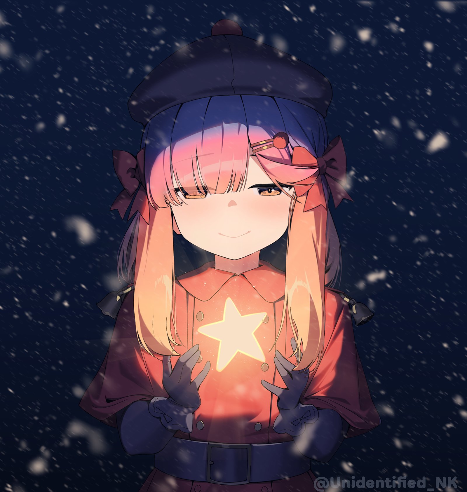 unidentified nk, tsushima (kancolle), kantai collection, highres, 1girl, beret, black gloves, black hat, fingerless gloves, gloves, gradient hair, hat, multicolored hair, orange hair, purple hair, red shirt, shirt, sidelocks, snow, solo, star (symbol), upper body