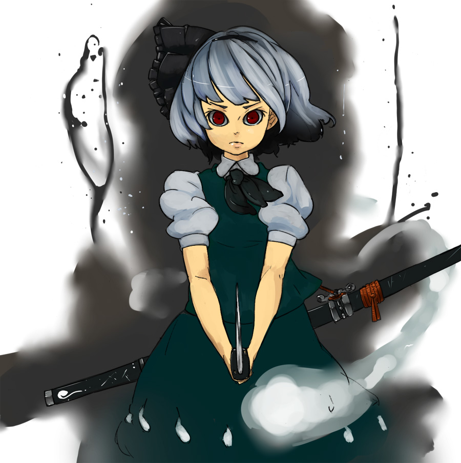 fgz, konpaku youmu, konpaku youmu (ghost), touhou, silver hair, 1girl, female focus, hairband, hitodama, katana, red eyes, short hair, solo, sword, weapon