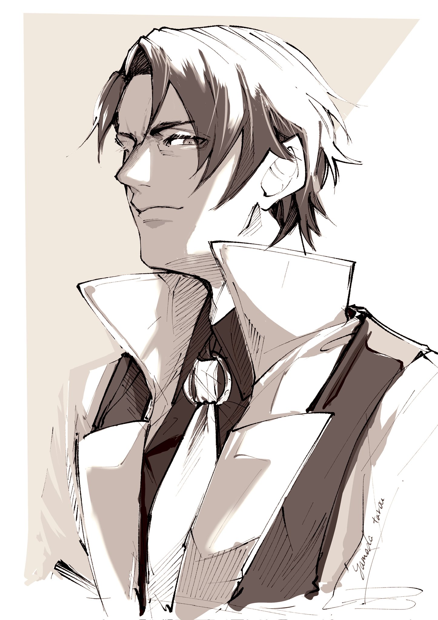 damian blackwood, zenless zone zero, highres, 03 kyv, 1boy, artist name, collared shirt, jacket, looking at viewer, male focus, monochrome, necktie, popped collar, shirt, short hair, smile, solo, upper body