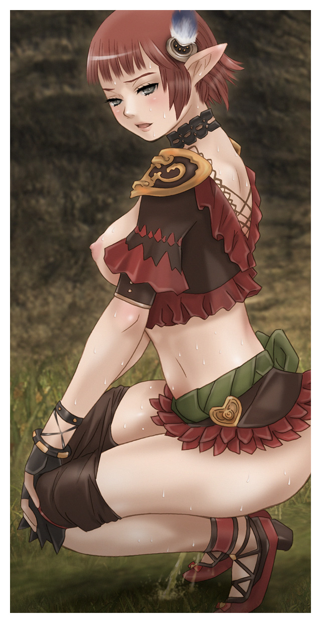 cloritin, efui, lilisette baloumat, final fantasy, final fantasy xi, highres, 00s, 1girl, breasts, female focus, fingerless gloves, gloves, high heels, nipples, open mouth, pee, peeing, pointy ears, puffy nipples, red hair, shoes, short hair, solo, squatting