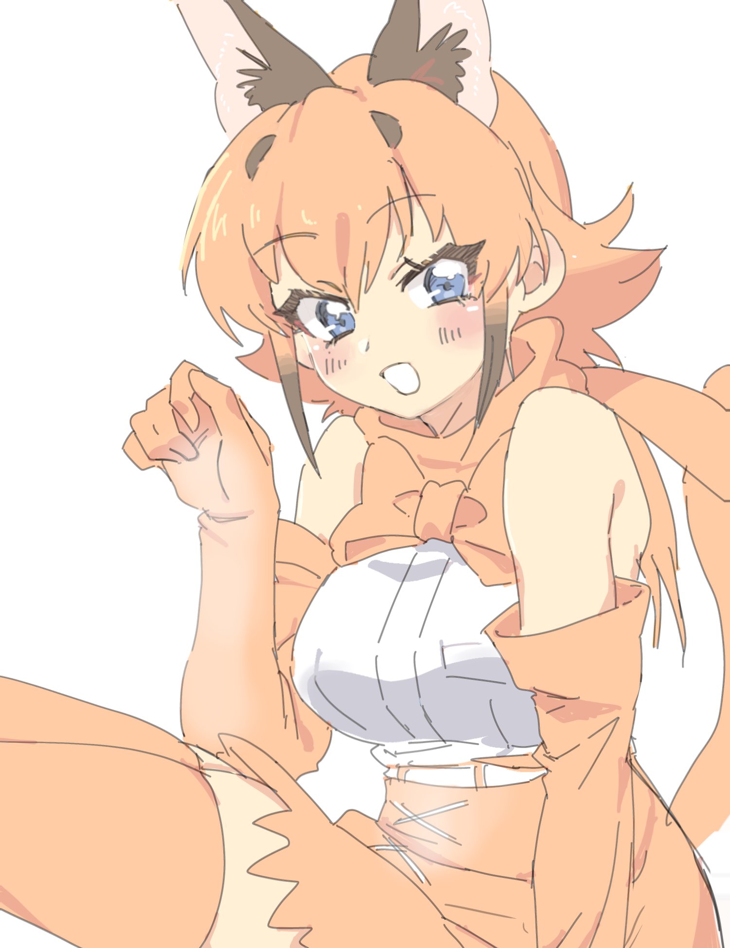 houkokukokui, caracal (kemono friends), kemono friends, highres, 1girl, animal ears, bare shoulders, black hair, blue eyes, blush, bow, bowtie, cat ears, cat girl, cat tail, elbow gloves, extra ears, frilled skirt, frills, gloves, hair between eyes, high-waist skirt, long hair, multicolored hair, orange bow, orange bowtie, orange gloves, orange hair, orange skirt, orange thighhighs, shirt, sidelocks, skirt, solo, tail, thighhighs, white shirt, zettai ryouiki