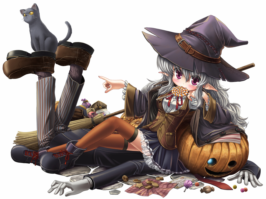 kei (pixiv), kei kei, original, black footwear, cross-laced footwear, silver hair, striped, 1boy, 1girl, blush, broom, candy, cat, checkerboard cookie, cookie, food, gloves, halloween, hat, jack-o'-lantern, lollipop, mouth hold, orange socks, pants, pinstripe pants, pinstripe pattern, pointing, pointy ears, pumpkin, purple eyes, ribbon, shoes, sitting, sitting on person, skirt, socks, swirl lollipop, thighhighs, vest, waistcoat, white background, white gloves, witch hat