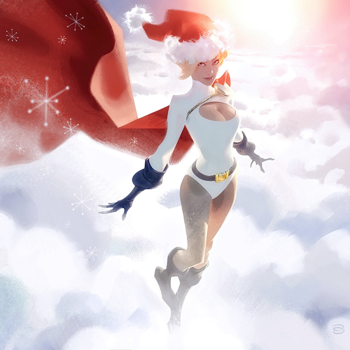 alex garner, power girl, dc comics, superman (series), highres, 1girl, belt, blonde hair, blue gloves, breasts, cape, cleavage, cleavage cutout, clothing cutout, cloud, gloves, hat, highleg, highleg leotard, large breasts, leotard, looking at viewer, red cape, short hair, sleeved leotard, smile, solo, superhero costume, white leotard