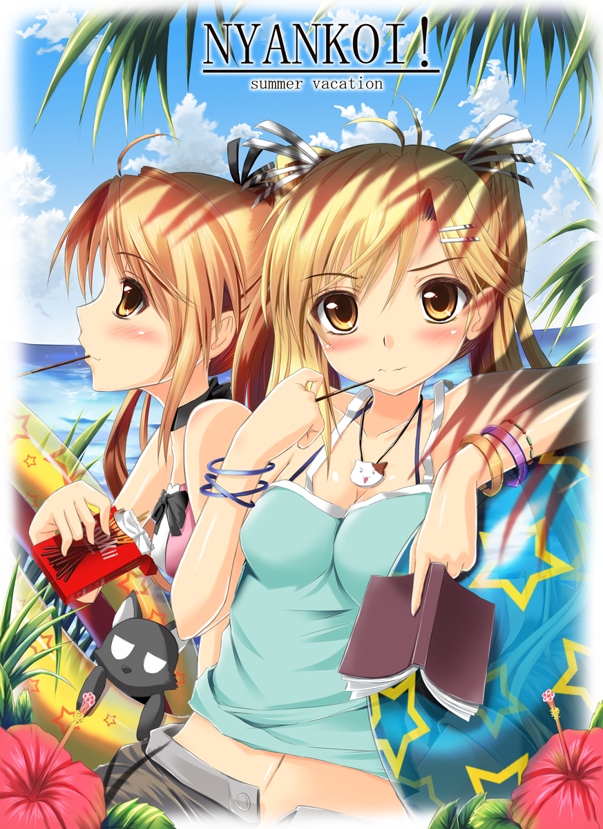 kamishiro ryuu, kirishima akari, kirishima kotone, noir (nyan koi), tama (nyan koi), nyan koi!, highres, 00s, 2girls, blonde hair, blush, book, bracelet, brown eyes, camisole, cat, choker, day, flower, food, hair ornament, hairclip, jewelry, midriff, mouth hold, multiple girls, navel, necklace, pocky, siblings, sisters, twins, twintails