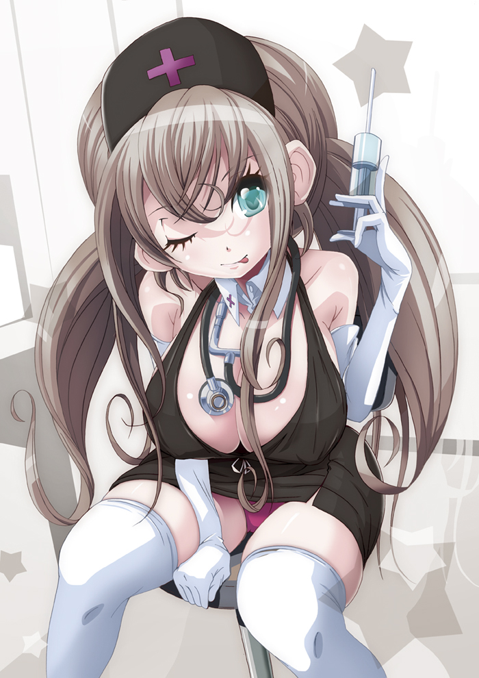 towashibuki, original, bad id, bad pixiv id, 1girl, :p, aqua eyes, breasts, brown hair, cleavage, elbow gloves, female focus, gloves, large breasts, long hair, nurse, one eye closed, solo, syringe, thighhighs, tongue, tongue out, twintails, wink