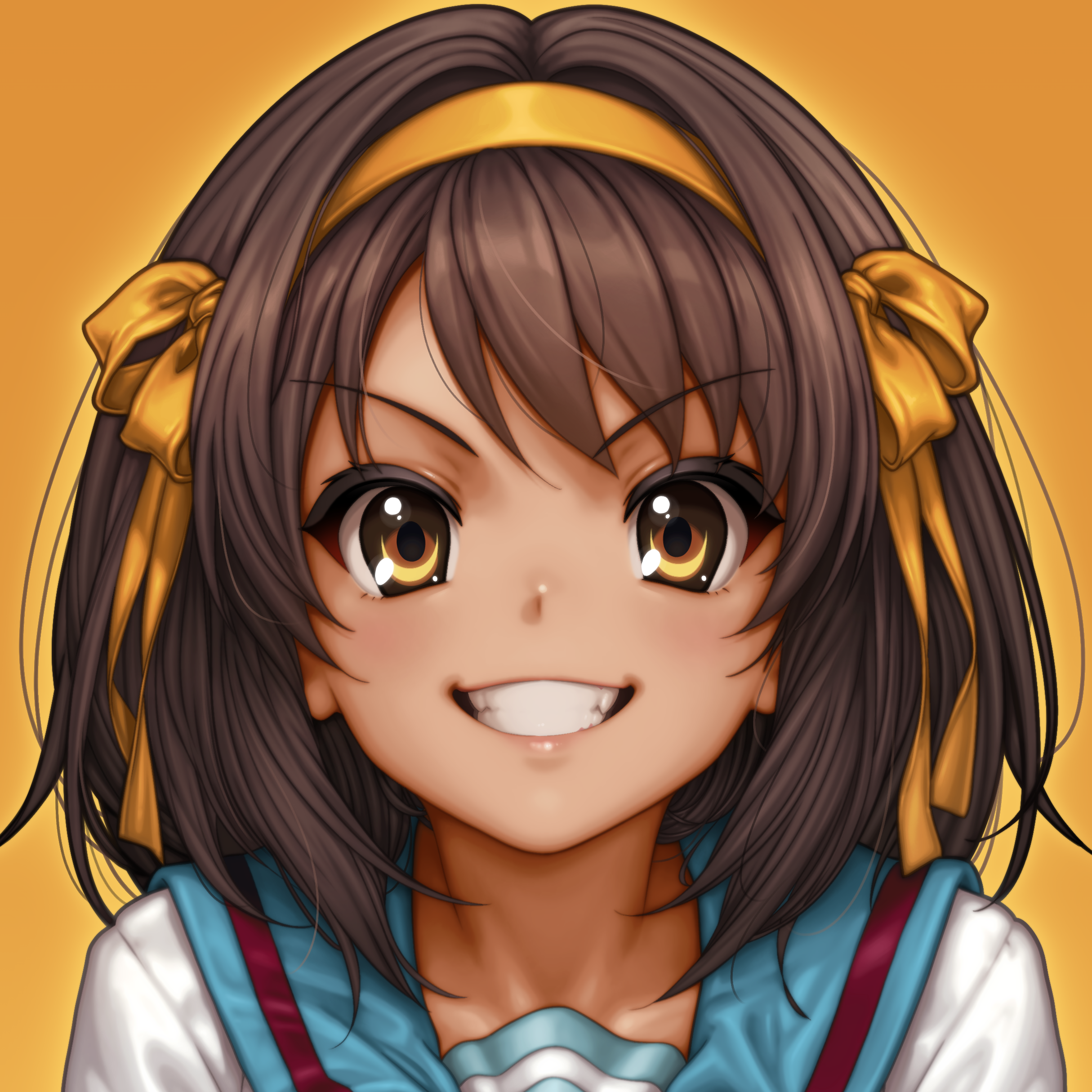 rahime, suzumiya haruhi, suzumiya haruhi no yuuutsu, absurdres, commentary, cropped, english commentary, highres, 1girl, blue sailor collar, brown eyes, brown hair, collarbone, grin, hair ribbon, hairband, looking at viewer, portrait, ribbon, sailor collar, school uniform, serafuku, simple background, smile, solo, yellow background, yellow hairband, yellow ribbon