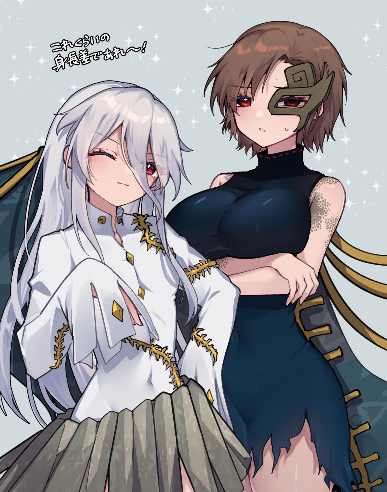 unime seaflower, iwanaga ariya, yuiman asama, touhou, commentary request, highres, translation request, 2girls, bare arms, bare shoulders, blue background, breasts, brown hair, closed mouth, covered navel, cowboy shot, double-parted bangs, dress, green dress, grey hair, grey skirt, hair between eyes, hand up, large breasts, light smile, long hair, long hair between eyes, looking at viewer, multiple girls, one eye closed, parted lips, red eyes, shirt, short hair, skirt, sleeveless, sleeveless dress, sleeves past fingers, sleeves past wrists, sparkle, sweat, white shirt