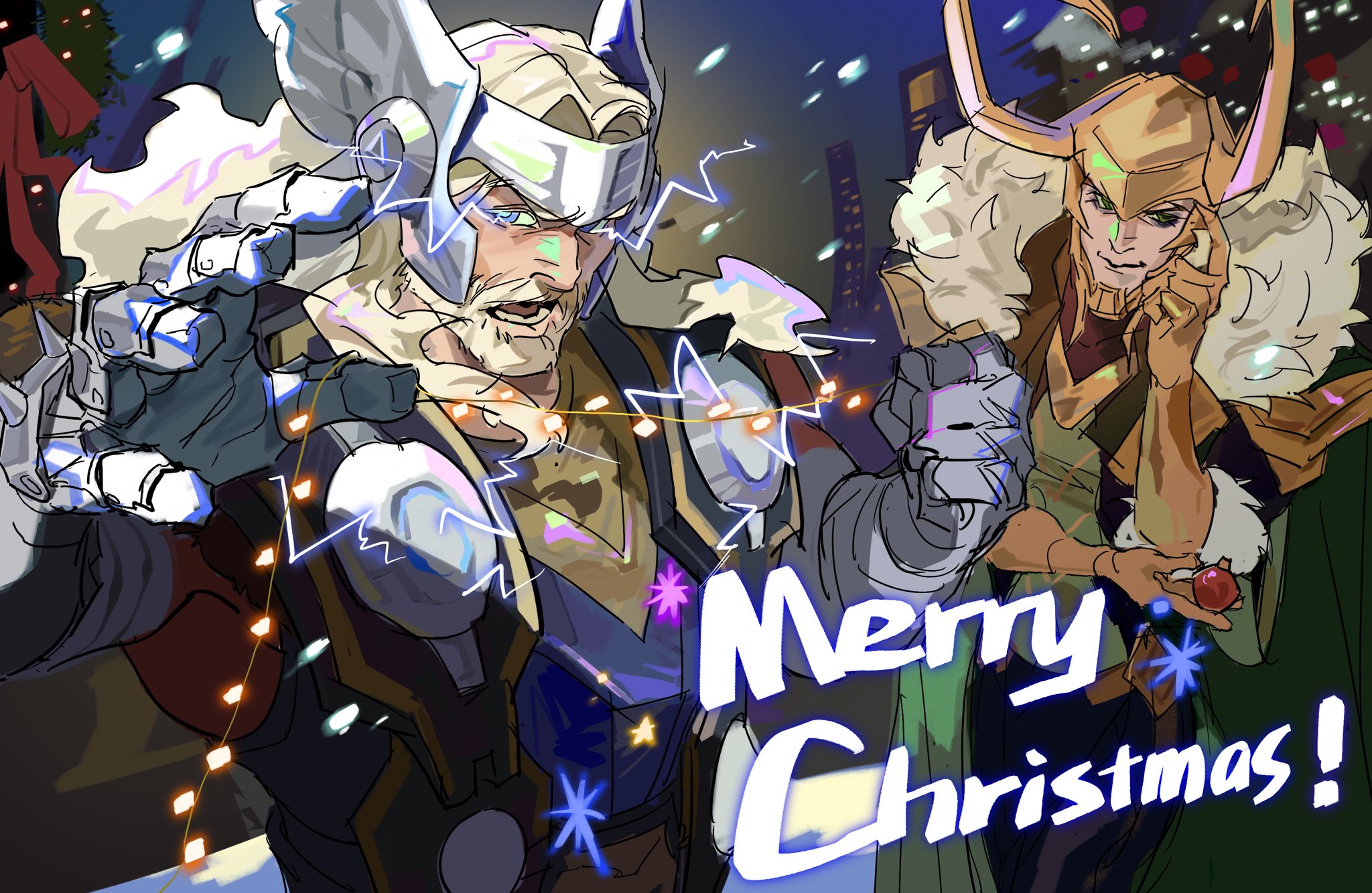 loki (marvel), thor (marvel), avengers (series), marvel, marvel rivals, highres, 2boys, armor, beard, blonde hair, blue eyes, cape, facial hair, long hair, long sleeves, male focus, multiple boys, open mouth, short hair, smile, zhangwukimapipi