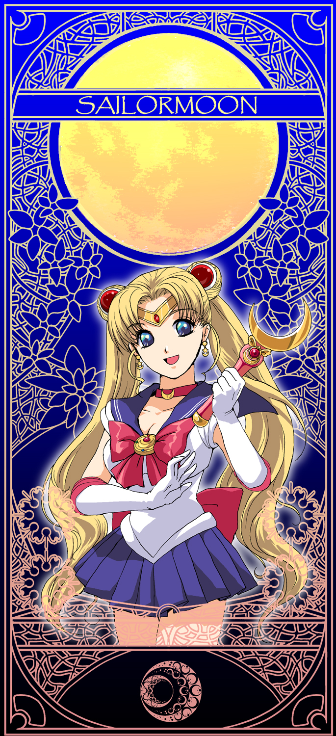 ooyama (o-yama), oyama, sailor moon, tsukino usagi, bishoujo senshi sailor moon, bishoujo senshi sailor moon (first season), highres, long image, tall image, 1990s (style), 1girl, art nouveau, blonde hair, blue eyes, blue sailor collar, blue skirt, bow, double bun, female focus, full moon, gloves, hair bun, long hair, magical girl, moon, moon stick, red bow, retro artstyle, sailor, sailor collar, skirt, solo, twintails, wand, white gloves