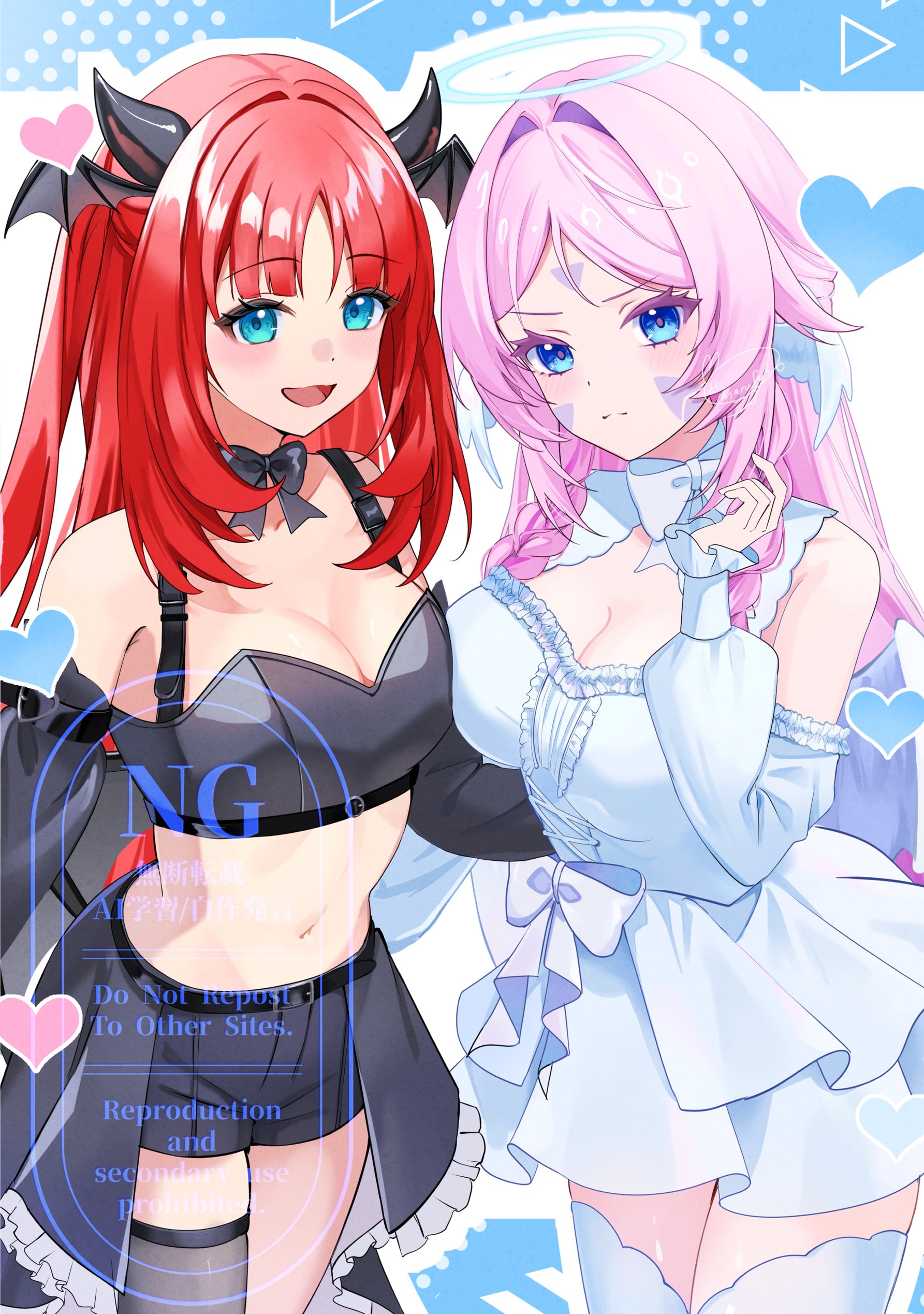 marufus, citlali (genshin impact), nilou (genshin impact), genshin impact, absurdres, commentary request, highres, 2girls, alternate costume, aqua eyes, black bow, black bowtie, black shorts, black sleeves, black thighhighs, blue eyes, blush, bow, bowtie, braid, breasts, cleavage, closed mouth, demon horns, demon wings, detached sleeves, dress, facial mark, forehead mark, hand up, head wings, horns, long hair, long sleeves, looking at viewer, medium breasts, multiple girls, navel, open mouth, pink hair, red hair, shorts, single thighhigh, stomach, thighhighs, twin braids, very long hair, watermark, white bow, white bowtie, white dress, white sleeves, white thighhighs, wings
