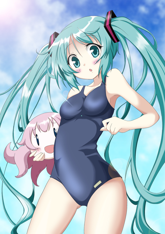 dekosuke, reiran, hatsune miku, megurine luka, takoluka, vocaloid, colorized, 1girl, blush, long hair, one-piece swimsuit, school swimsuit, swimsuit, tentacles, twintails