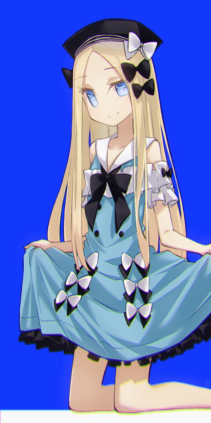 yubeshi (zecxl), abigail williams (animejapan 2018) (fate), abigail williams (fate), fate/grand order, fate (series), highres, 1girl, bare shoulders, beret, black bow, black hat, blonde hair, blue background, blue dress, blue eyes, blush, bow, breasts, dress, forehead, hair bow, hat, kneeling, long hair, looking at viewer, parted bangs, sleeveless, sleeveless dress, small breasts, smile, solo, thighs, white bow