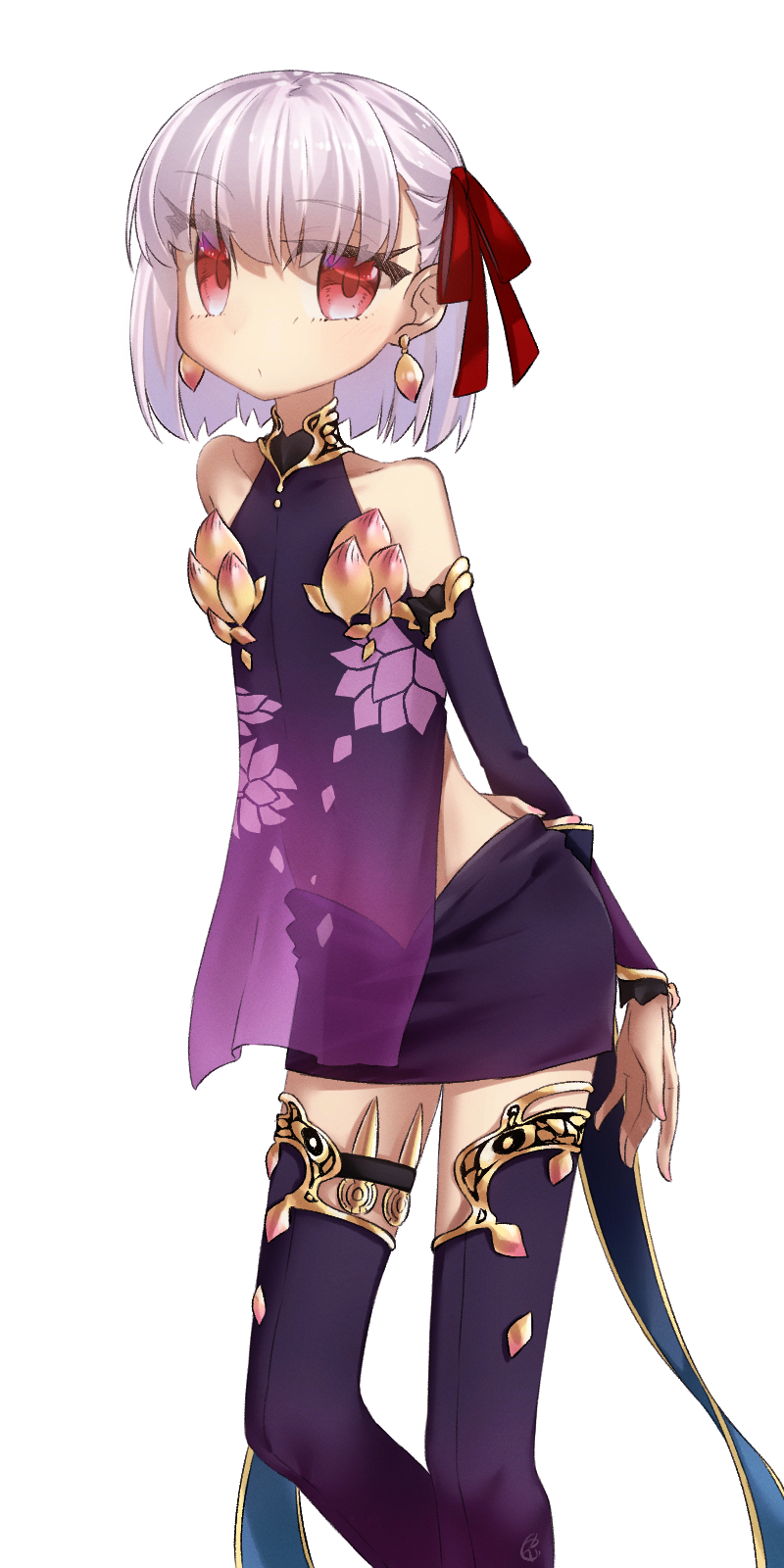 yubeshi (zecxl), kama (assassin) (first ascension) (fate), kama (fate), kama (first ascension) (fate), kama (young) (fate), fate/grand order, fate (series), highres, 1girl, armlet, armor, bare shoulders, bikini armor, bracelet, breasts, collar, detached sleeves, dress, earrings, floral print, hair ribbon, jewelry, looking at viewer, metal collar, miniskirt, pelvic curtain, purple dress, purple skirt, purple sleeves, purple thighhighs, red eyes, ribbon, ring, short hair, skirt, small breasts, solo, thighhighs, thighlet, thighs, white hair