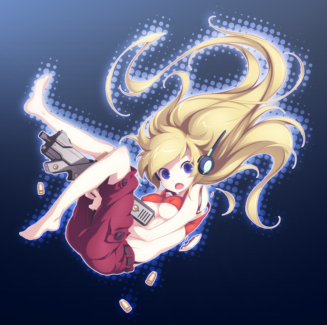 akinoko, curly brace, doukutsu monogatari, 1girl, :o, android, barefoot, blonde hair, blue background, blue eyes, breasts, bullet, covered erect nipples, falling, feet, female focus, gun, halftone, halftone background, long hair, midriff, robot ears, shell casing, solo, tank top, underboob, very long hair, weapon