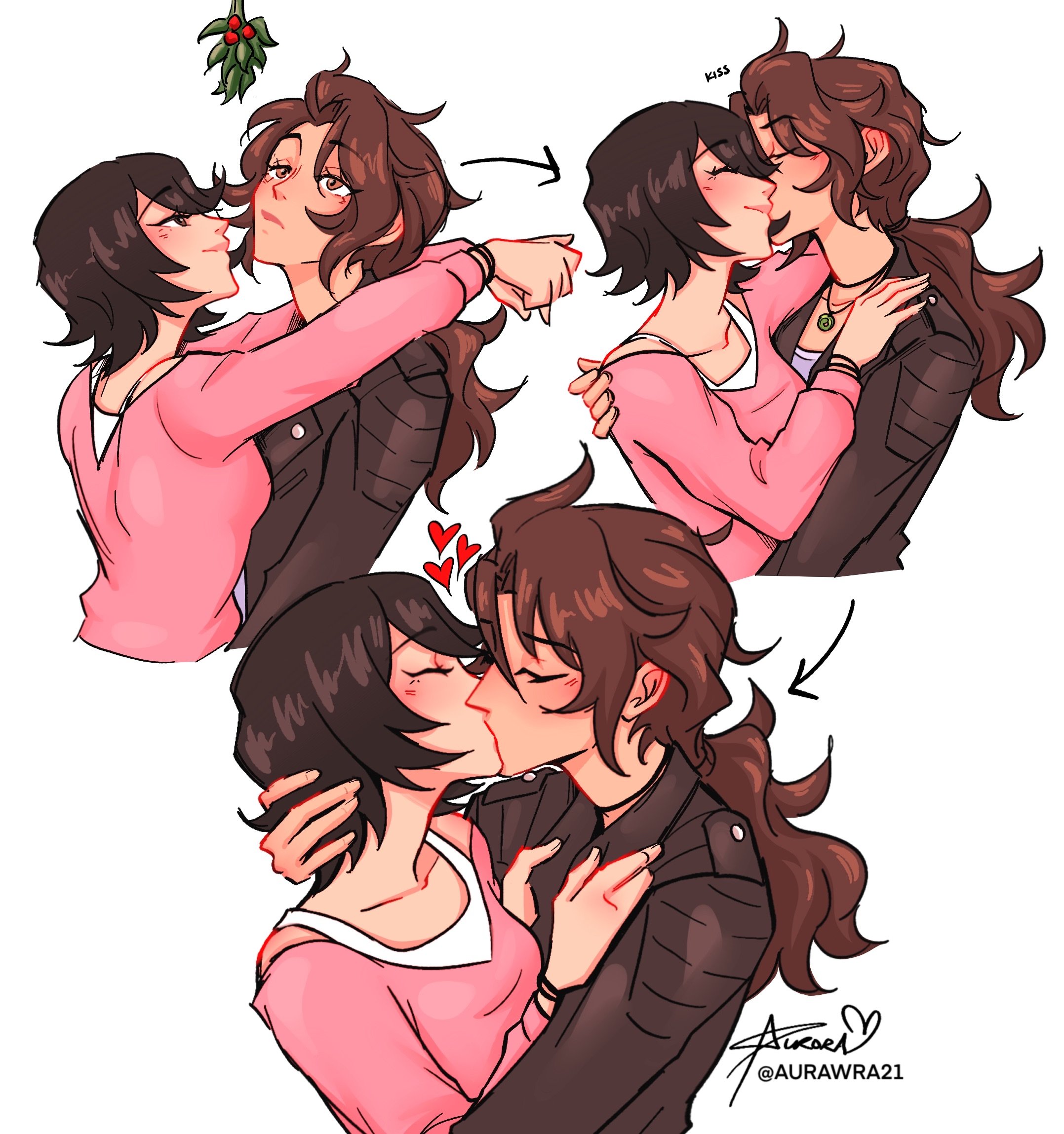 aurora (aurawra21), lara croft, samantha nishimura, tomb raider, commentary, english commentary, highres, 2girls, arms around neck, black hair, black jacket, blush, brown eyes, brown hair, christmas, closed eyes, hand on another's shoulder, heart, jacket, jewelry, kiss, long hair, mistletoe, multiple girls, necklace, pink shirt, shirt, simple background, smile, white background, yuri