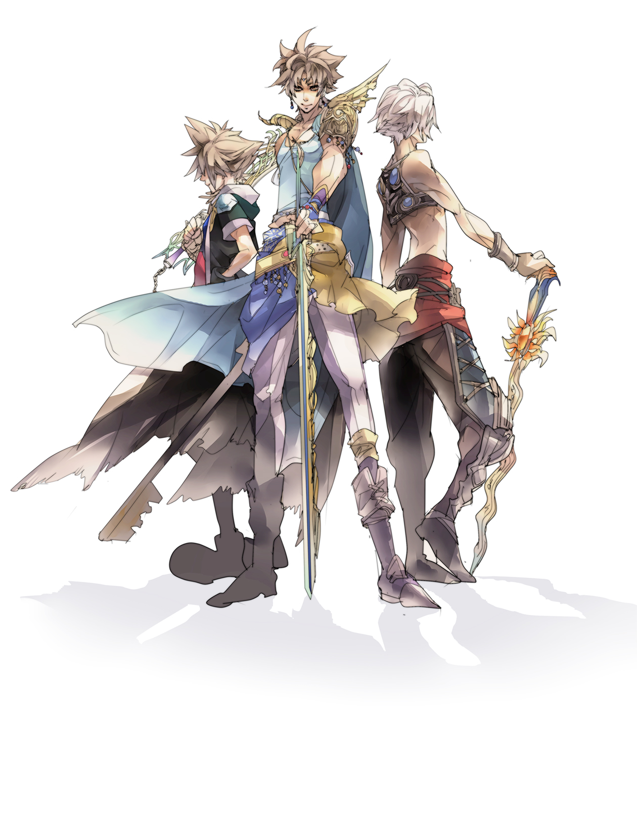 bartz klauser, sora (kingdom hearts), vaan (ff12), final fantasy, final fantasy v, final fantasy xii, kingdom hearts, highres, 00s, 1990s (style), 3boys, keyblade, male focus, multiple boys, retro artstyle, sword, weapon