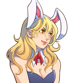 rpg maker vx, lowres, 1girl, animal ears, blonde hair, bow, bowtie, breasts, collar, detached collar, earrings, female focus, jewelry, long hair, makeup, playboy bunny, rabbit ears, smile, solo, transparent background