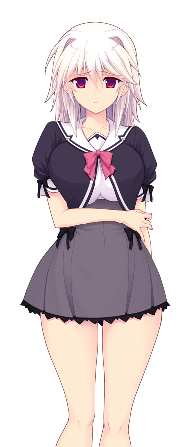 saitou natsuki, suhamaya, arisia hellioxenes, kourin tenshi en ciel rena, game cg, large variant set, non-web source, official art, variant set, 1girl, bow, breasts, hair intakes, hand on own arm, lace, lace trim, large breasts, long hair, looking at viewer, pleated skirt, purple eyes, red eyes, sad, school uniform, short sleeves, skirt, solo, transparent background, white hair