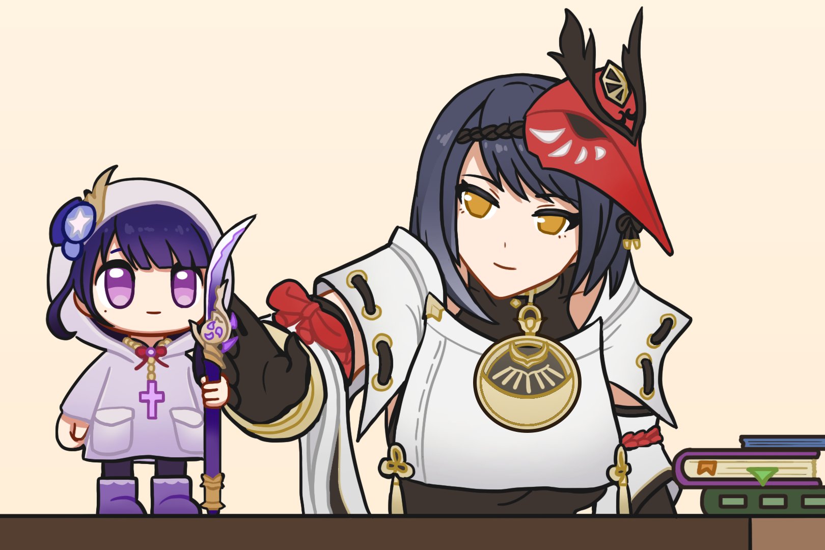 zeal70233131, kujou sara, luce (jubilee 2025), raiden shogun, genshin impact, commentary request, highres, 1girl, alternate costume, black gloves, black hair, black tank top, blunt bangs, book, boots, brown background, christianity, closed mouth, collarbone, cosplay, cross, cross necklace, engulfing lightning (genshin impact), fan hair ornament, gloves, gradient hair, hair ornament, holding, holding polearm, holding weapon, hood, hood up, japanese clothes, jewelry, latin cross, light smile, long sleeves, luce (jubilee 2025) (cosplay), mask, mask on head, mole, mole under eye, multicolored hair, neck ribbon, necklace, orange eyes, parody, pendant, polearm, purple boots, purple eyes, purple hair, purple raincoat, raincoat, red mask, red ribbon, ribbon, scene reference, shade, short hair, sitting, standing, swept bangs, table, tank top, toy, weapon