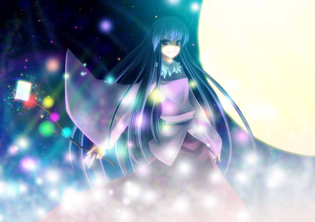 din (artist), din (flypaper), houraisan kaguya, imperishable night, touhou, bad id, bad pixiv id, 1girl, black hair, branch, danmaku, female focus, jeweled branch of hourai, long hair, moon, red eyes, solo, spell card