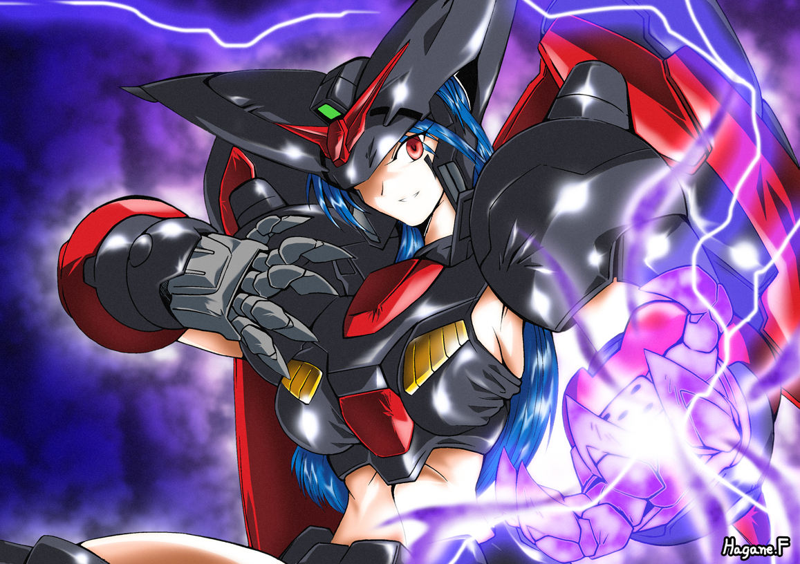 haganef, master gundam, g gundam, gundam, 1990s (style), armpits, bakunetsu god finger, blue hair, electricity, fighting stance, glowing, glowing hand, long hair, mecha musume, midriff, red eyes, retro artstyle, solo