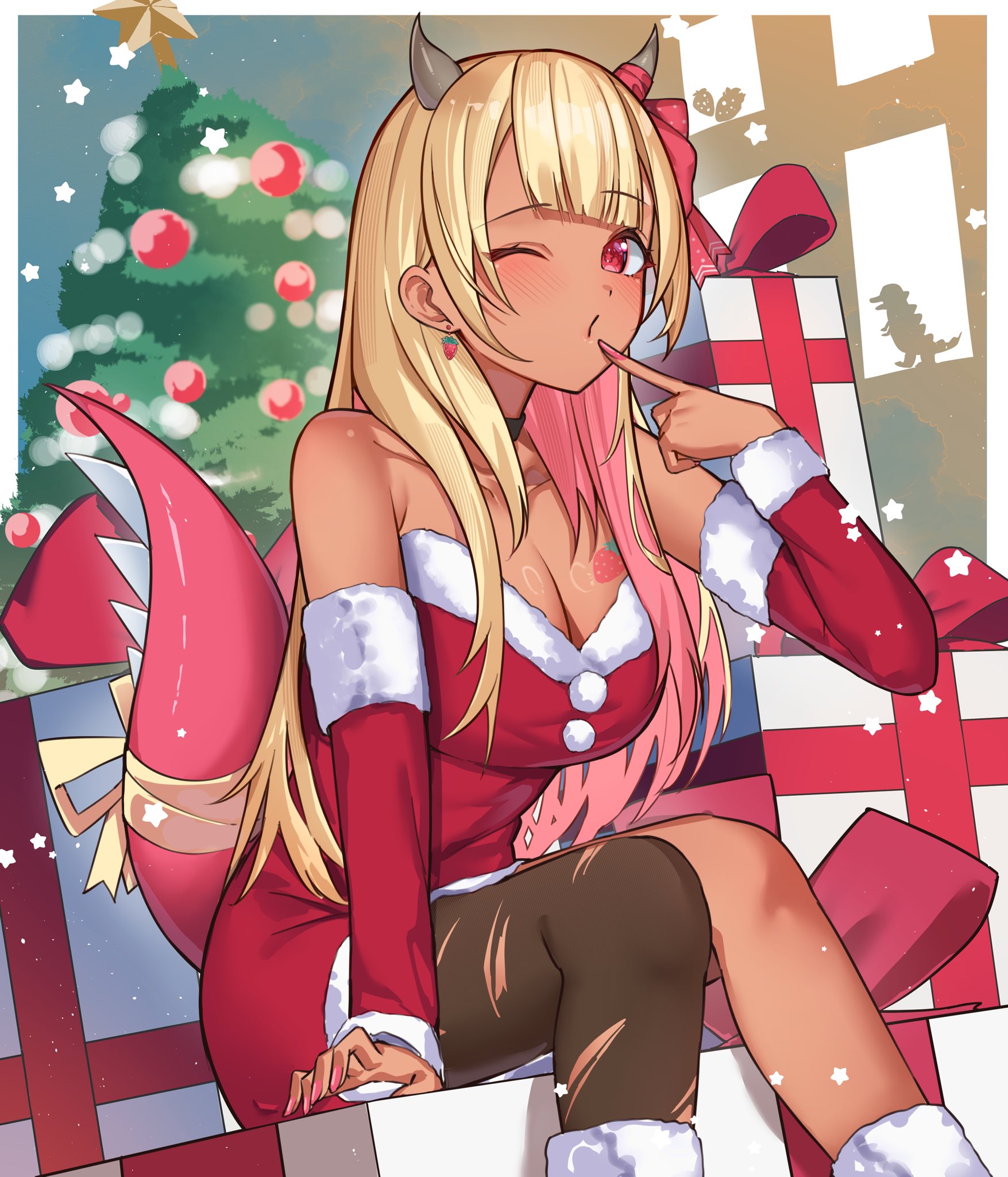 ringozeri, original, commentary request, commission, highres, skeb commission, 1girl, black choker, black thighhighs, blonde hair, blush, box, breasts, choker, christmas tree, cleavage, closed mouth, detached sleeves, earrings, gift, gift box, horns, jewelry, looking at viewer, one eye closed, red eyes, santa costume, single thighhigh, sitting, solo, tail, thighhighs, torn clothes, torn thighhighs