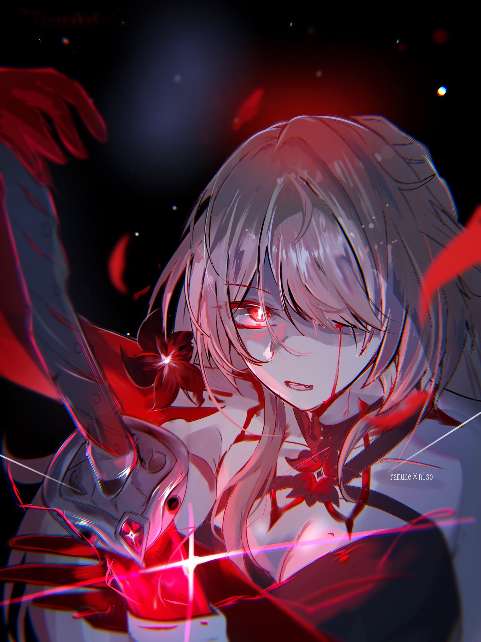 acheron (honkai: star rail), honkai: star rail, honkai (series), commentary request, highres, 1girl, artist name, black background, blood, bloody tears, breasts, bright pupils, choker, cleavage, colored extremities, cracked skin, flower, glowing, hair over one eye, hand on hilt, large breasts, long hair, nisoniso 0310, parted lips, red eyes, red flower, red hands, sheath, unsheathing, white hair, white pupils