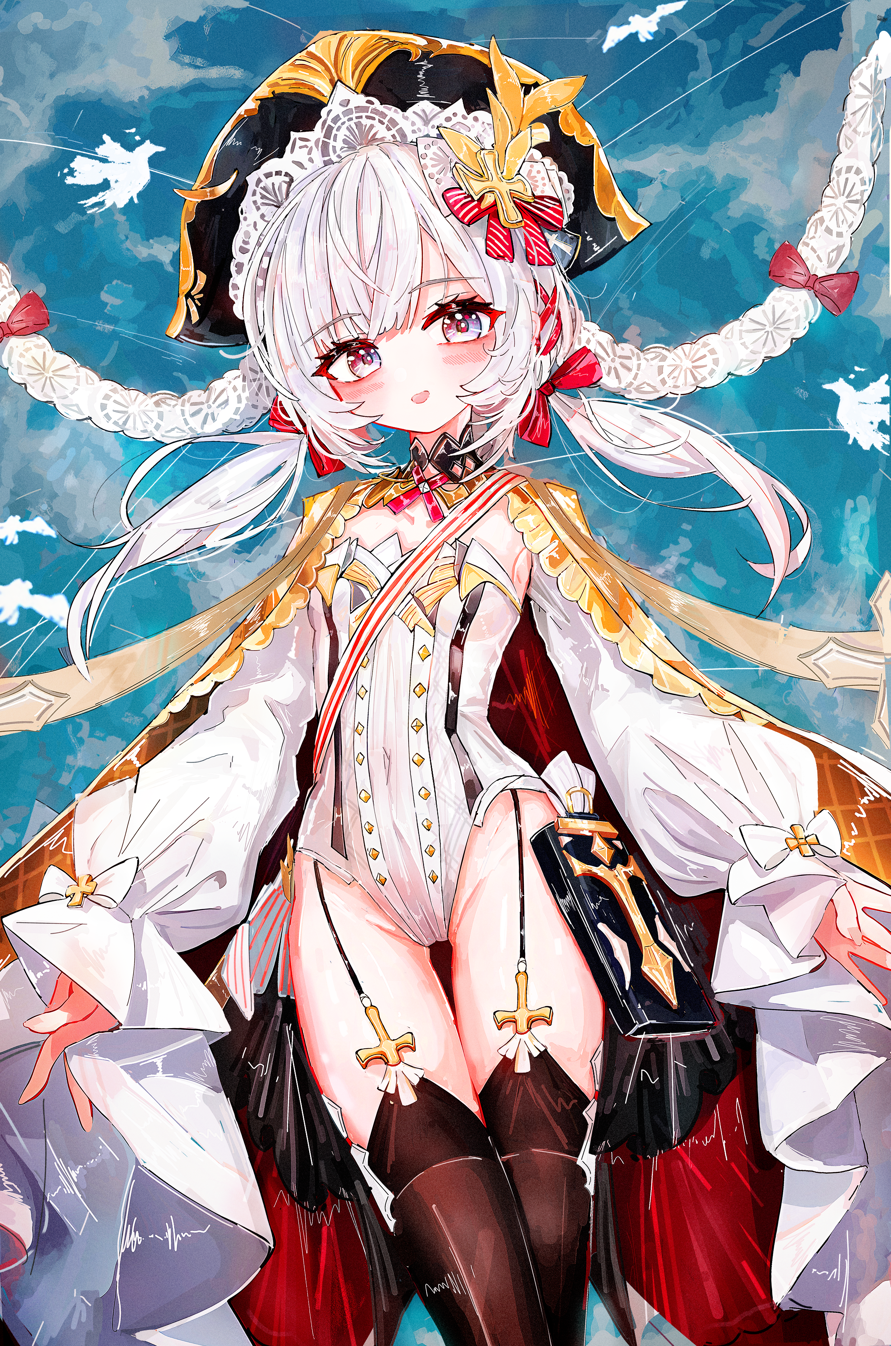 a1u, flandre (azur lane), azur lane, absurdres, commentary, highres, revision, 1girl, black thighhighs, breasts, grey eyes, groin, hat, leotard, long hair, long sleeves, looking at viewer, low twintails, open mouth, small breasts, solo, thighhighs, twintails, white hair, white leotard