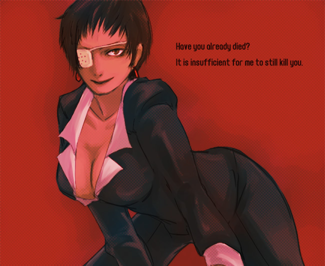 vice (kof), snk, the king of fighters, 1girl, breasts, cleavage, earrings, eyepatch, formal clothes, jewelry, looking at viewer, short hair, smile, suit, thick thighs, thighs