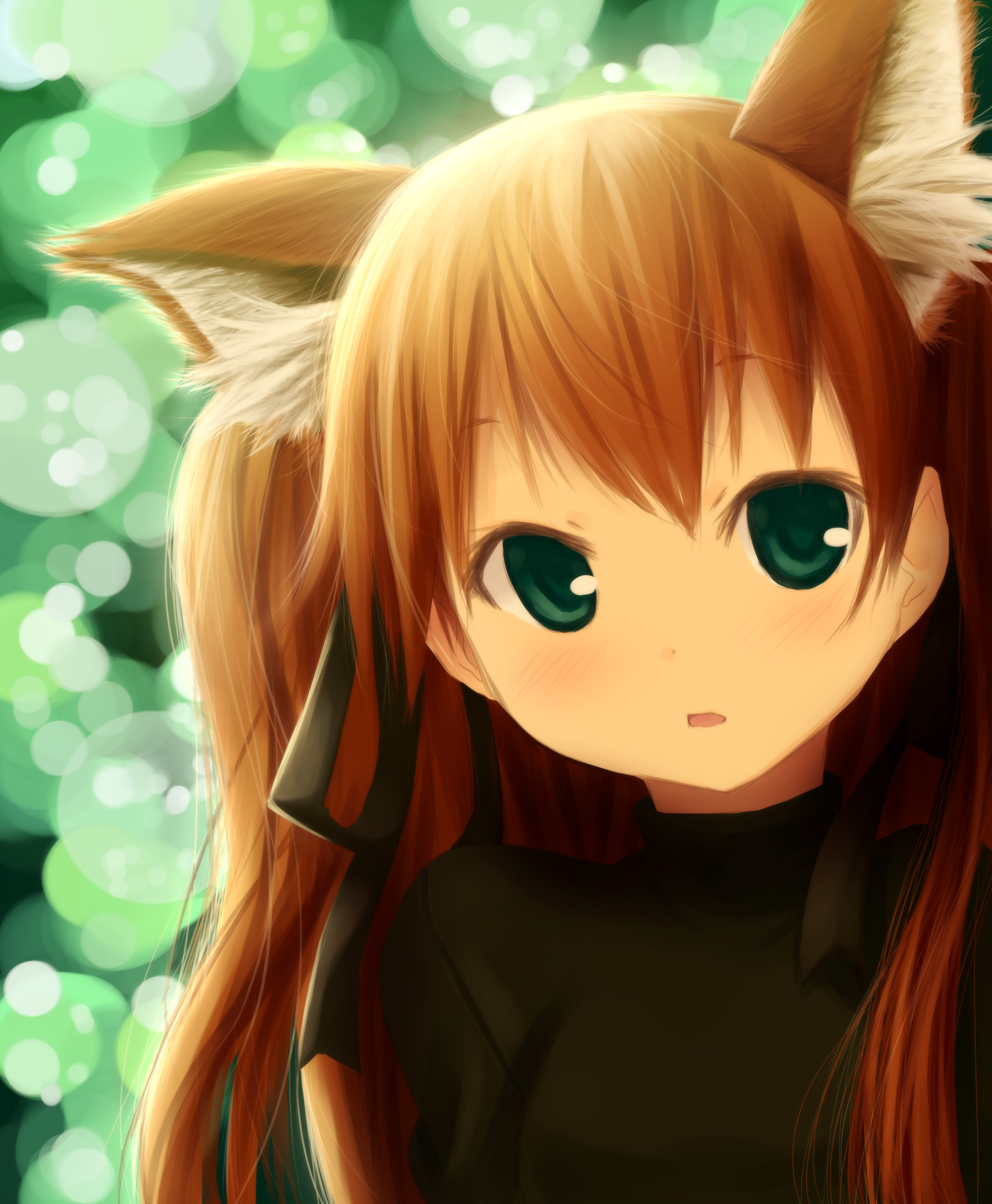 wadapen, sawatari makoto, kanon, absurdres, highres, 1girl, animal ears, brown hair, extra ears, female focus, fox ears, green eyes, hair ribbon, ribbon, solo, turtleneck