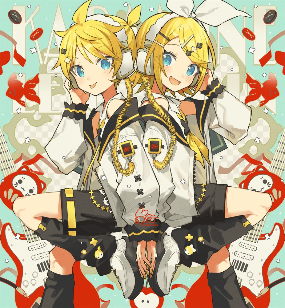 miwasiba, kagamine len, kagamine rin, vocaloid, 1boy, 1girl, :d, bass guitar, black leg warmers, black shorts, blonde hair, blue eyes, bow, character name, fang, fish, hair ornament, hairclip, instrument, jacket, leg up, leg warmers, looking at viewer, open clothes, open jacket, open mouth, parallel hairclips, shirt, shorts, smile, spiked hair, tongue, white bow, white jacket, white shirt
