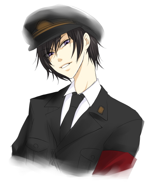 lelouch vi britannia, code geass, artist request, non-web source, source request, 00s, 1boy, black hair, dress shirt, hat, male focus, military, military uniform, nazi, necktie, peaked cap, purple eyes, shirt, solo, swastika, war, white background