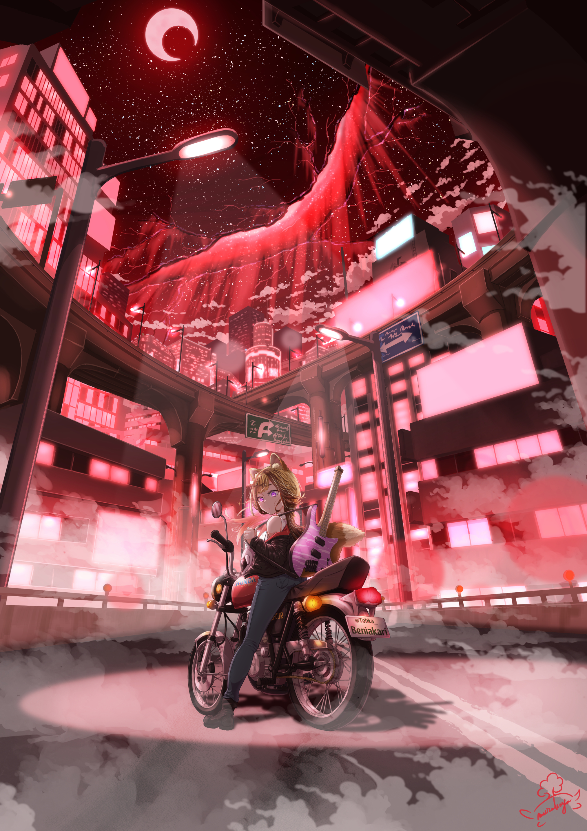 murakoyafactory, honda, original, absurdres, commentary request, concept art, highres, 1girl, animal ear fluff, animal ears, black boots, black jacket, boots, bridge, brown hair, building, cityscape, closed mouth, crack, crescent moon, denim, fantasy, fog, guitar, instrument, jacket, jeans, lamppost, light rays, long hair, long sleeves, looking at viewer, looking back, moon, motor vehicle, motorcycle, night, off shoulder, on motorcycle, outdoors, pants, purple eyes, red sky, red theme, road, road sign, scenery, sign, sky, skyscraper, solo, star (sky), starry sky, tail, turning head