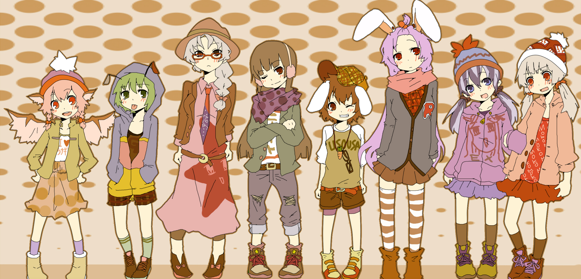 pun2, fujiwara no mokou, houraisan kaguya, inaba tewi, kamishirasawa keine, mystia lorelei, reisen udongein inaba, wriggle nightbug, yagokoro, yagokoro eirin, imperishable night, touhou, bad id, bad pixiv id, highres, 6+girls, :p, alternate costume, alternate hairstyle, animal ears, antennae, bespectacled, braid, contemporary, crossed arms, everyone, fashion, female focus, flat color, glasses, grin, hands on own hips, hat, hood, hoodie, multiple girls, necktie, one eye closed, rabbit ears, smile, smirk, tongue, tongue out, twintails, wings, wink