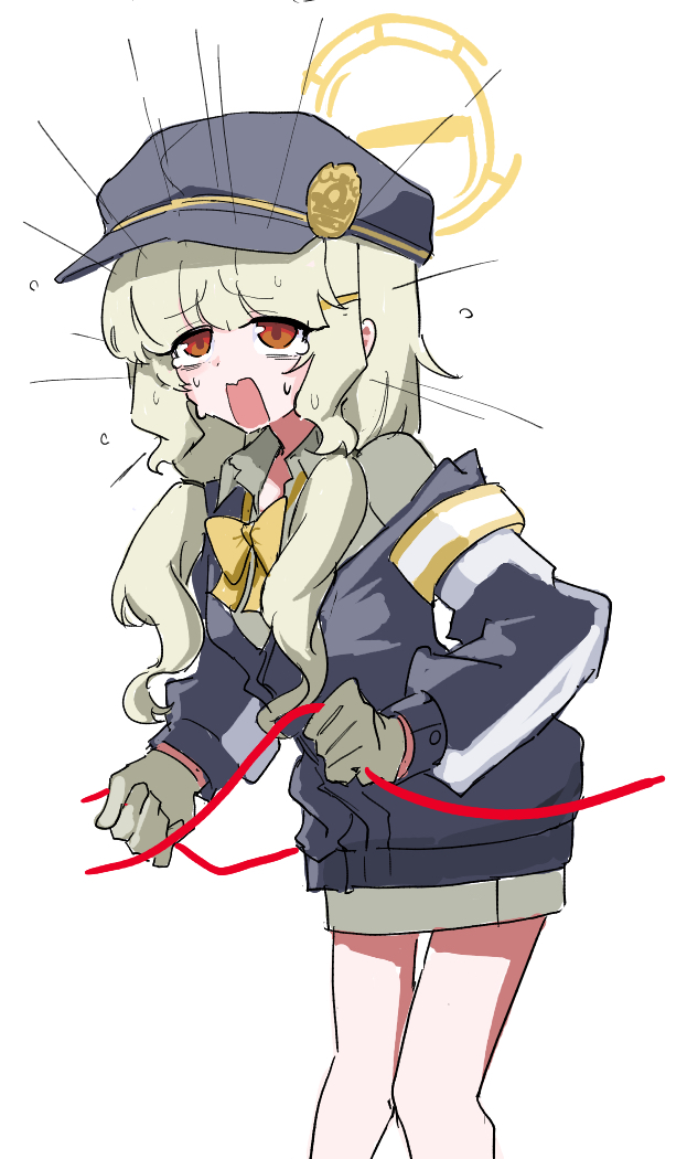 bone hiko, aoba (blue archive), blue archive, commentary request, 1girl, armband, blonde hair, bow, brown eyes, brown gloves, cowboy shot, gloves, halo, hat, long hair, long sleeves, newsboy cap, open mouth, rope train, simple background, solo, sweat, white background, yellow bow, yellow halo