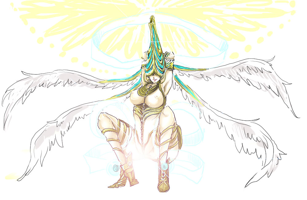 kinokonoouti, bayonetta, joy (bayonetta), bayonetta (series), angel wings, arms up, breasts, hat, high heels, huge breasts, nipples, shoes, squatting, wings