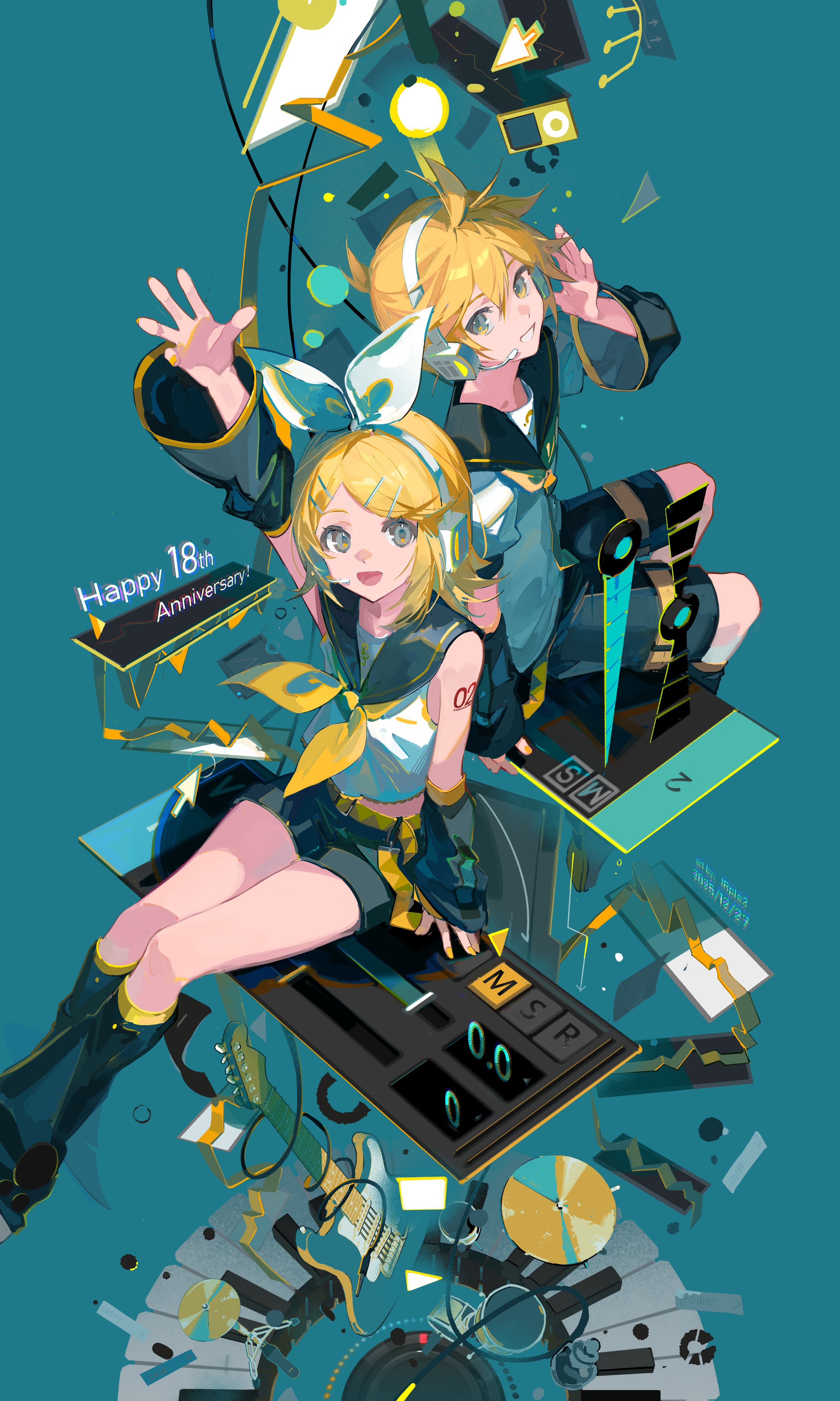 irple, kagamine len, kagamine rin, vocaloid, absurdres, commentary, english commentary, highres, 1boy, 1girl, artist name, bass clef, bass guitar, black leg warmers, black sailor collar, black shorts, black sleeves, blonde hair, bow, cursor, cymbals, dated, detached sleeves, grey eyes, hair bow, hair ornament, hairclip, happy anniversary, headset, instrument, ipod, leg warmers, long sleeves, looking at viewer, mp3 player, parallel hairclips, piano keys, sailor collar, shirt, shorts, sitting, white shirt
